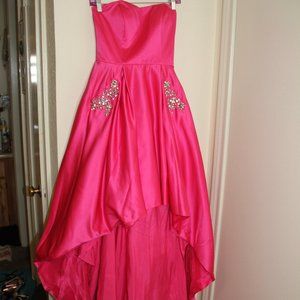 Strapless Hot Pink High-Low Evening Dress with Embellished Pockets